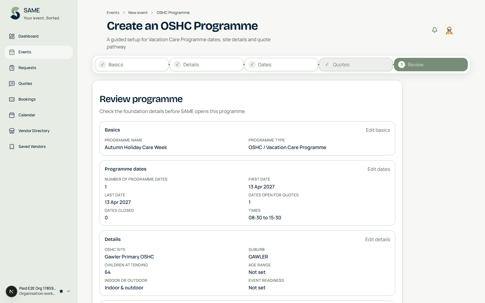 Review screen for an OSHC programme at Gawler Primary OSHC