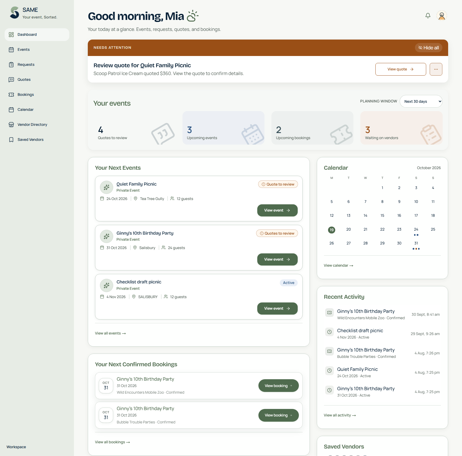 Organiser dashboard with upcoming events, quotes to review, bookings and a calendar