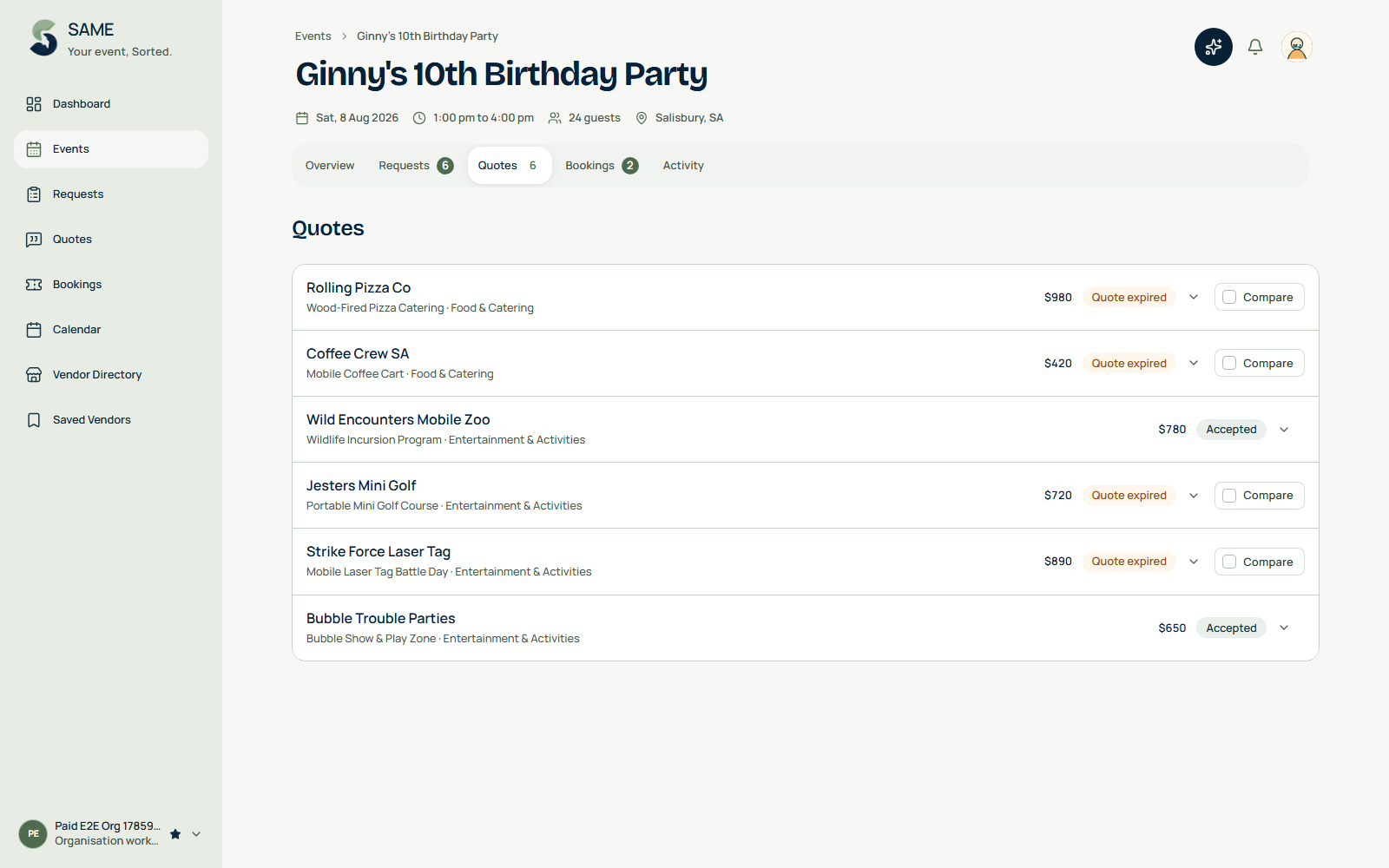 Six vendor quotes on Ginny's 10th Birthday Party in Salisbury